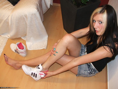 Posing In Sneakers Ankle Socks And With Naked Feet